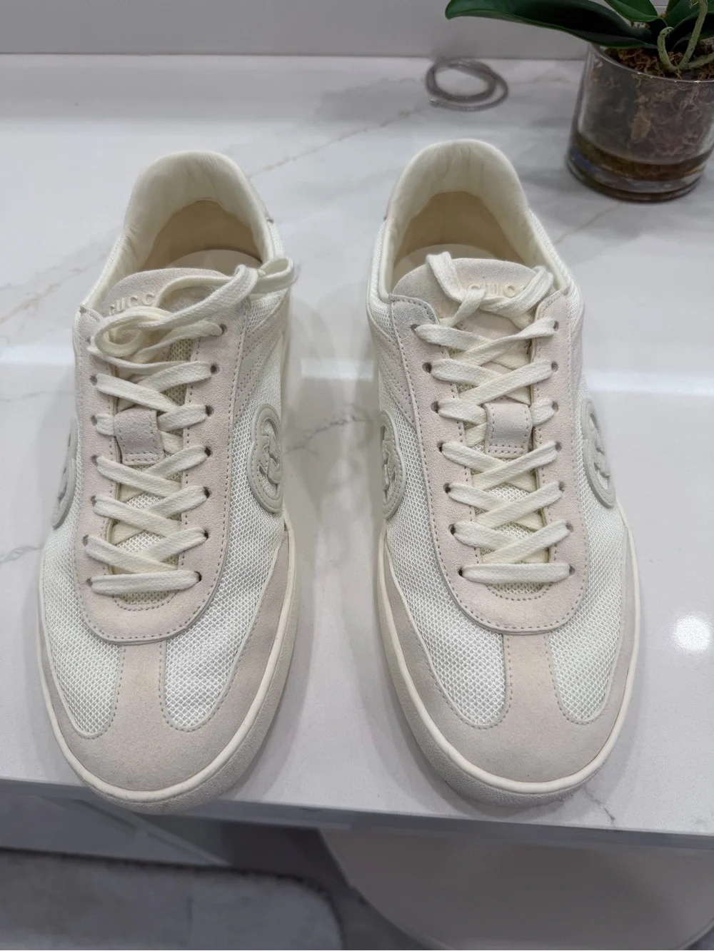 Gucci Men’s Cream & White Suede Mesh Low-Top Sneakers